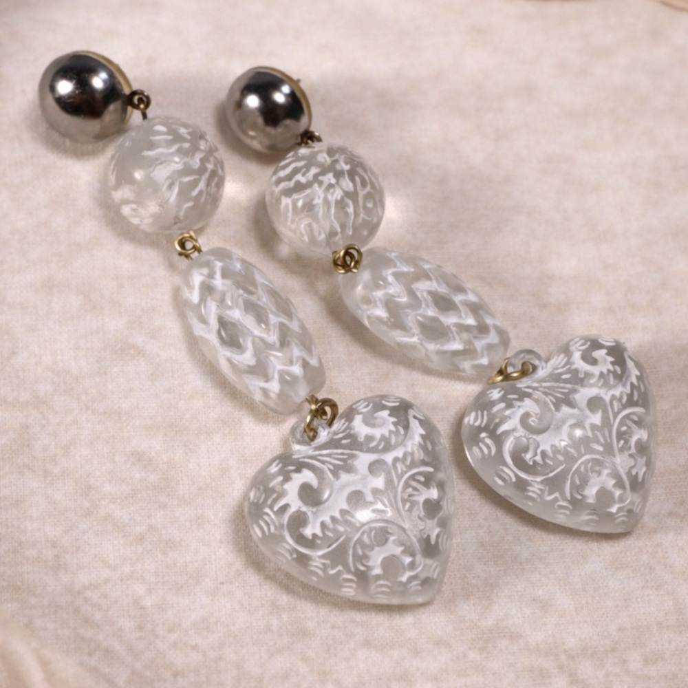 Vintage Etched Lucite Heart Dangle Earrings Frosted Clear Beaded Statement
